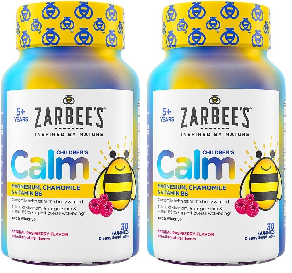 Zarbee's Naturals Children’s Calm Gummies, Magnesium for Kids Ages 5+, Melatonin-Free, Support for a Calm Mind & Body, Chamomile & Vitamin B6, Natural Raspberry Flavor, 30 ct, (Pack of 2)