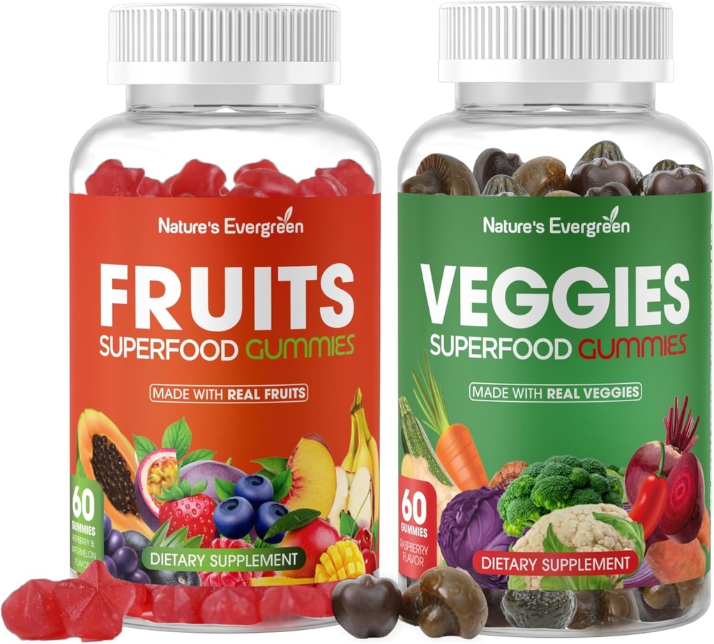 Meyveler ve Veggies Superfood Gummies Supplement - Meyveler ve Sebzeler Gummy - Doğa Vitaminleri Beslenme Dengesi, Vegan, Non-GMO, Gluten-Free - (Toplam 120 Gummies - Pack of 2) ABD'de Made in USA