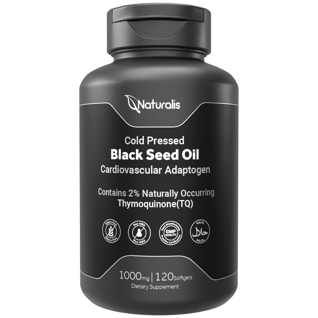 Naturalis Cold Pressed Black Seed Oil 1000mg | 2% Naturally Occurring Thymoquinone (TQ) for Hair, Skin, Nails & Cardiovascular Support | Non-GMO, Gluten & Soy Free | 120 Softgels