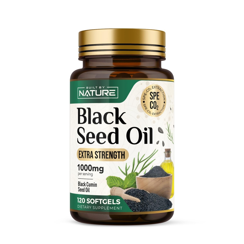 Built by Nature Black Seed Oil 1000 mg – Thymoquinone Rich Black Cumin (Nigella Sativa) – Antioxidant Support – Non-GMO – 120 Softgels