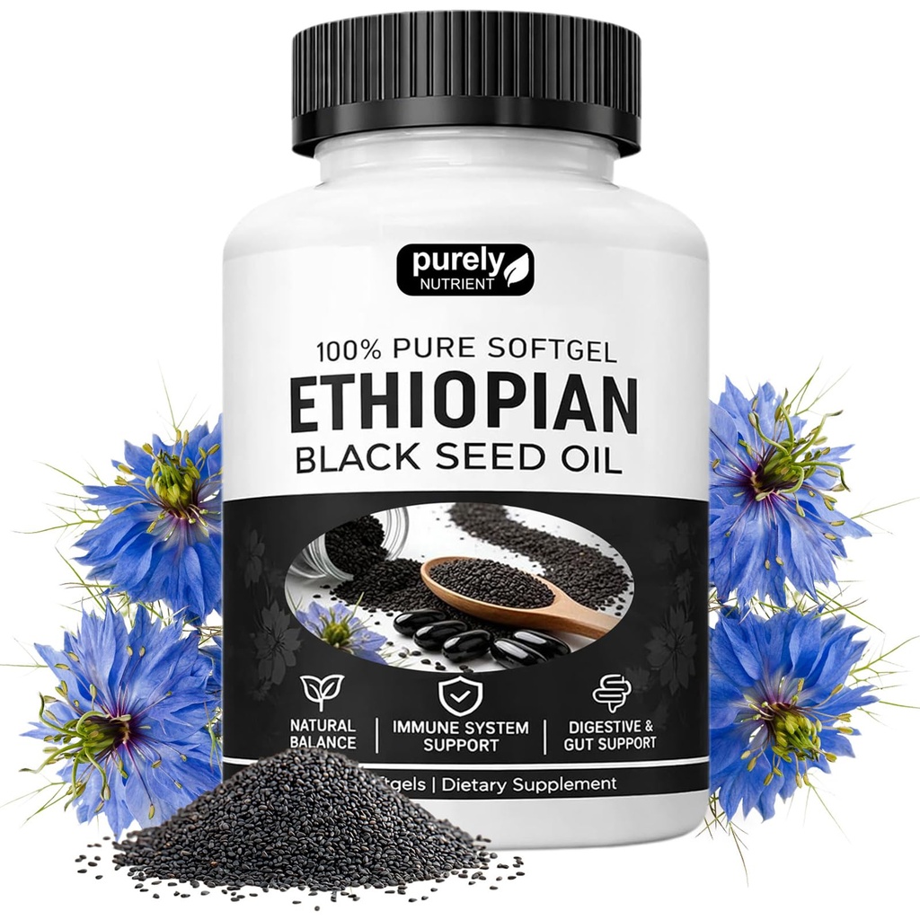 Purely Nutrient Ethiopian Black Seed Oil, Purely Ethiopian Black Seed Oil Capsules 4.64% Thymoquinone, Organic Cold Pressed Black Cumin Seed Oil Softgels, Non-GMO, Gluten-Free, 60 Softgels