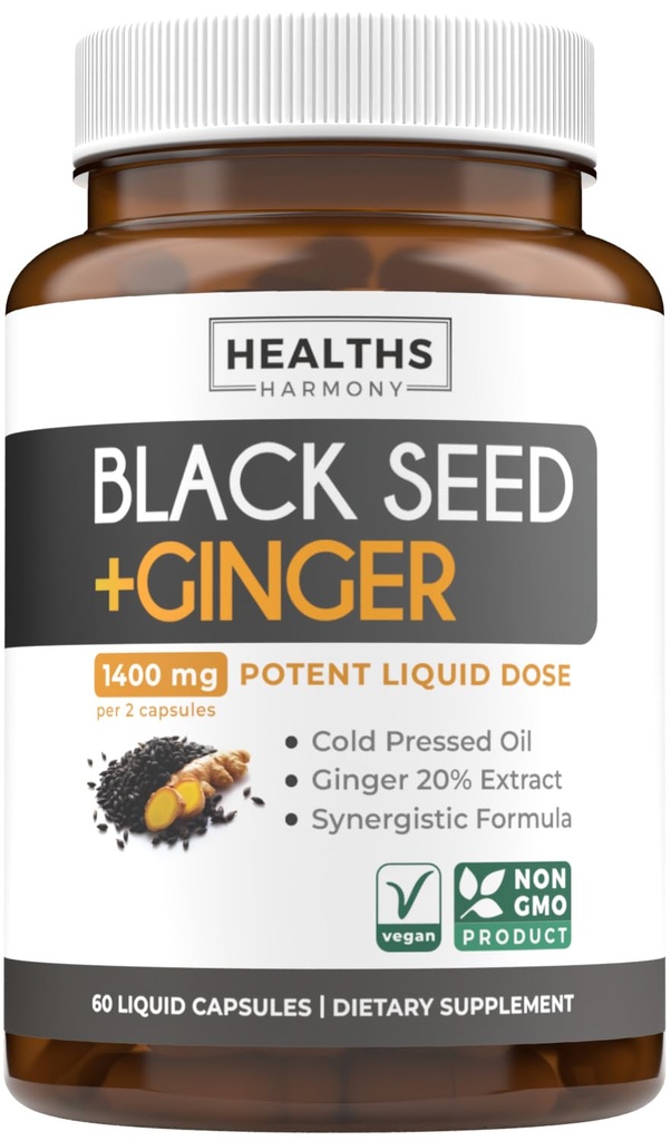 Cold-Pressed Black Seed Oil Capsules - Vegan Non-GMO Nigella Sativa Black Seed Oil Supplement with Ginger Extract for Wellness & Digestive Health Support - Gingerol & Thymoquinone-Rich (1 Month)