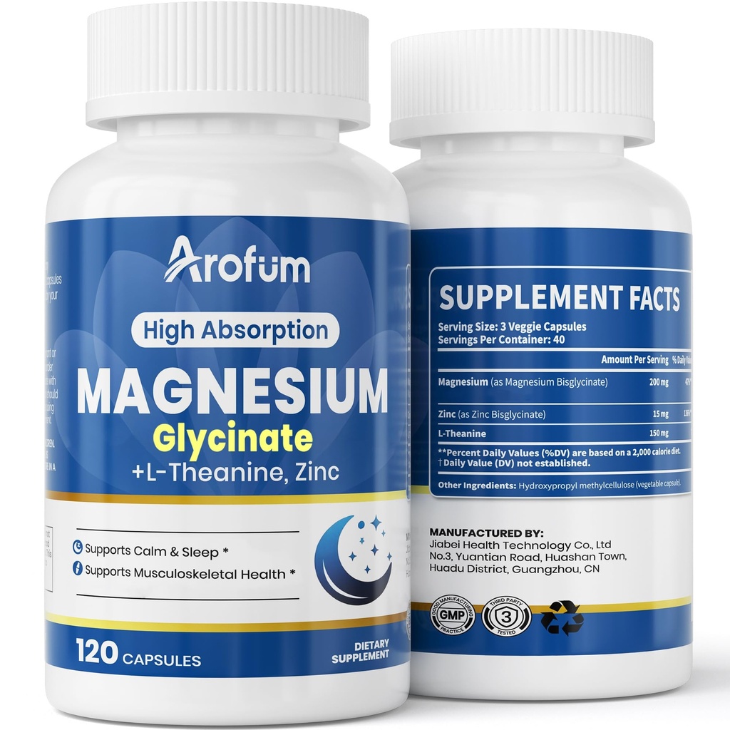 Magnesium Glycine 200 mg, with L-theanine and Zinc Glycine – Magnesium Supplement to Help Soothe Emotions, Balance Stress, and Promote restful Sleep – Non-GMO Vegan Capsules, 120 Capsules