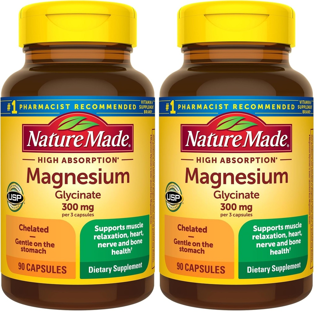 Nature Made High Absorption Magnesium Glycinate 300mg per 3 Capsules, Mg-Supplement for Muscle, Heart, Nerve and Bone Support, 90 Mg Bisglycinate Capsules, 30 Day Supply,(Pack of 2)