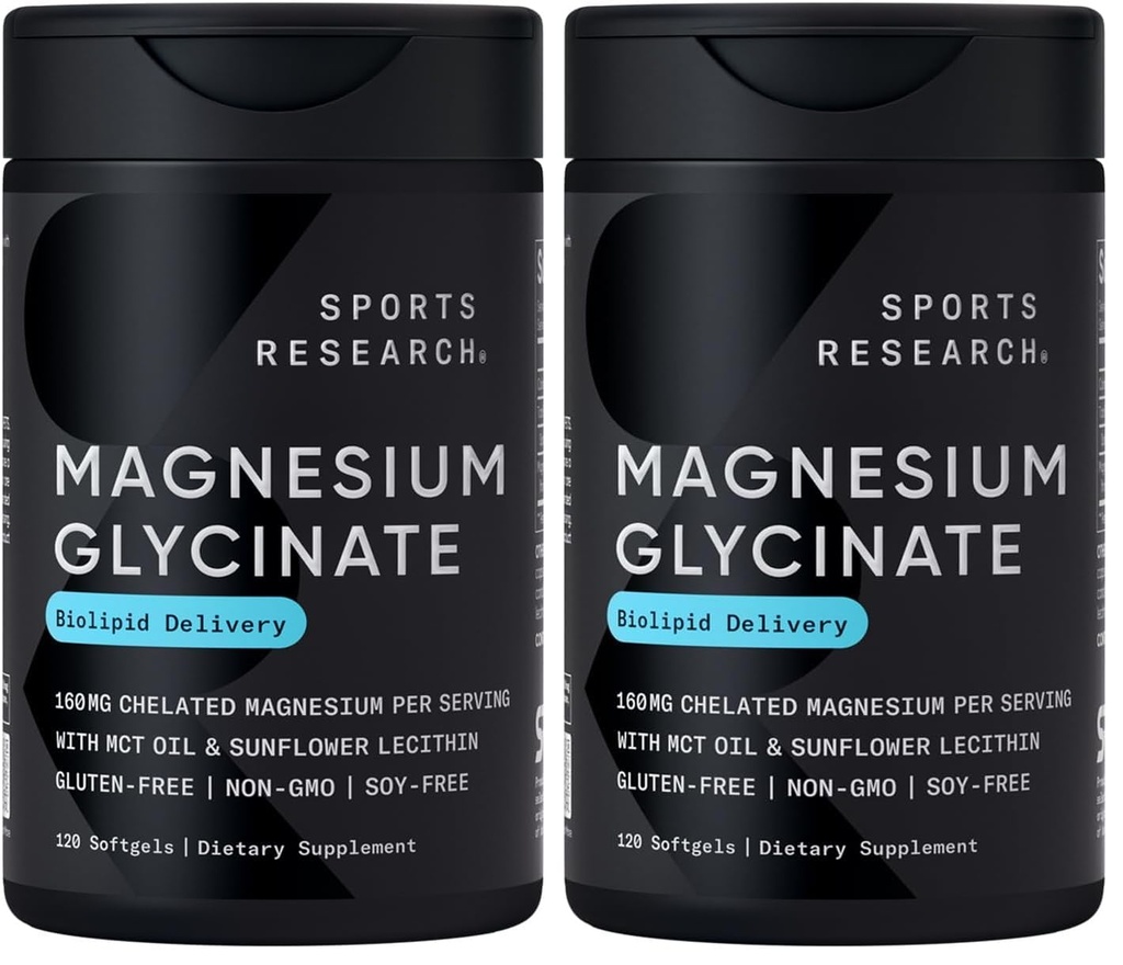 Sports Research® Magnesium Glycinate - Suports Restful Sleep & Enzymatic Processes - 160 mg Chelated Magnesium - Liquid Softgel - 120 Count (Pack of 2)