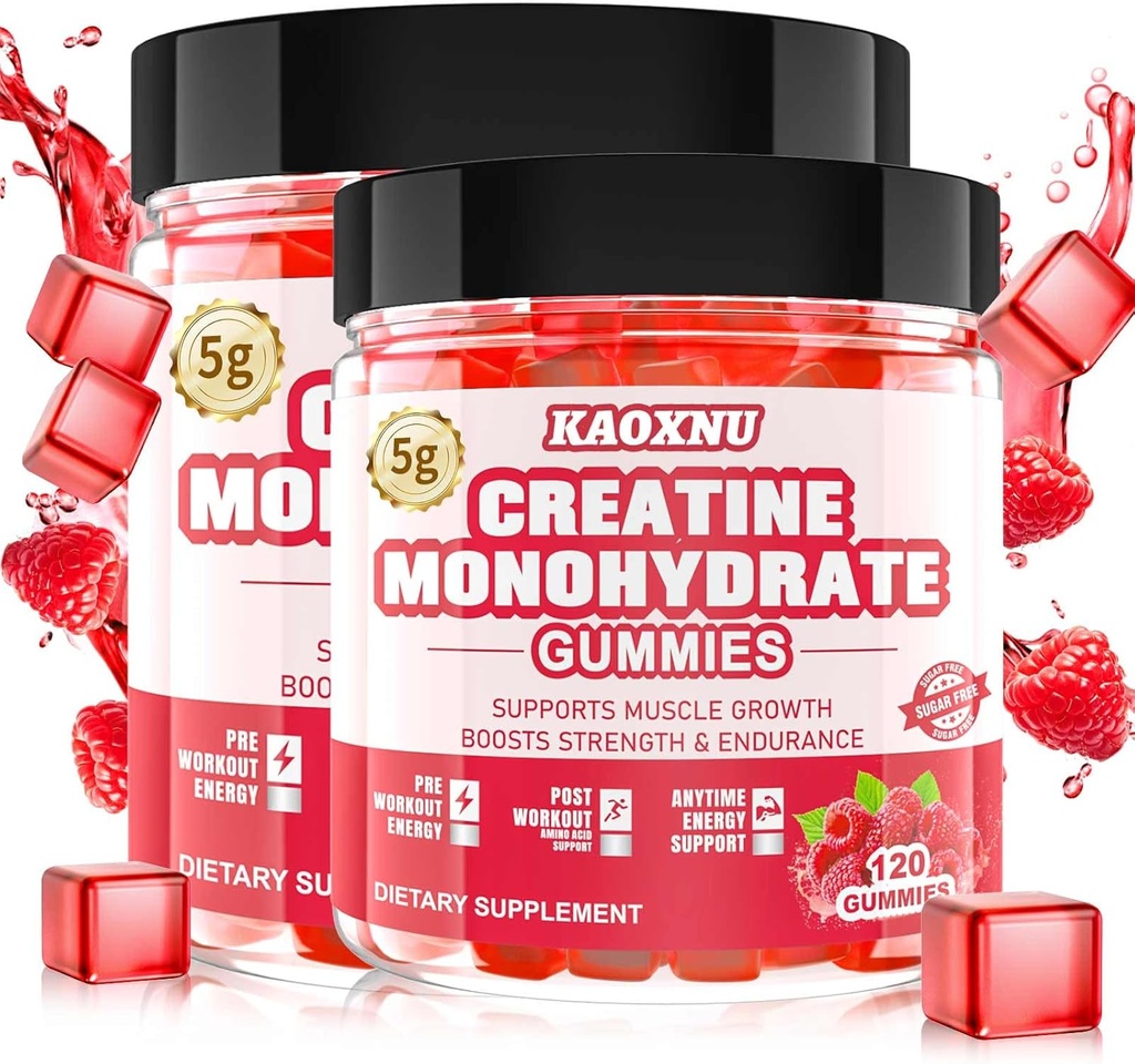 2 Pack Cyhidrat Gummies for Men & Women 120 CT - Servis başına 5000 mg Kretine Monohidrat - Kas Güçlü, Kas Builder, Enerji Boost
