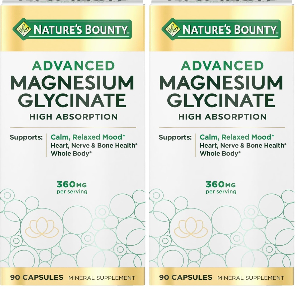 Nature's Bounty Calm Magnesium Glycinate Supplement - High Absorption Magnesium for Relaxed Mood, Heart & Bone Health, 90 Capsules (Pack of 2)