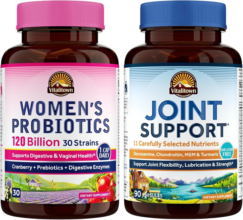 Vitalitown Women's Probiyotik & Joint Support Sche (Pack of 2) | Kadın Probiyotikleri 120 Milyar (Item 1) & Ortak Destek (Item 2) | Raf Stable | Ortak & Women's Health | Menopause