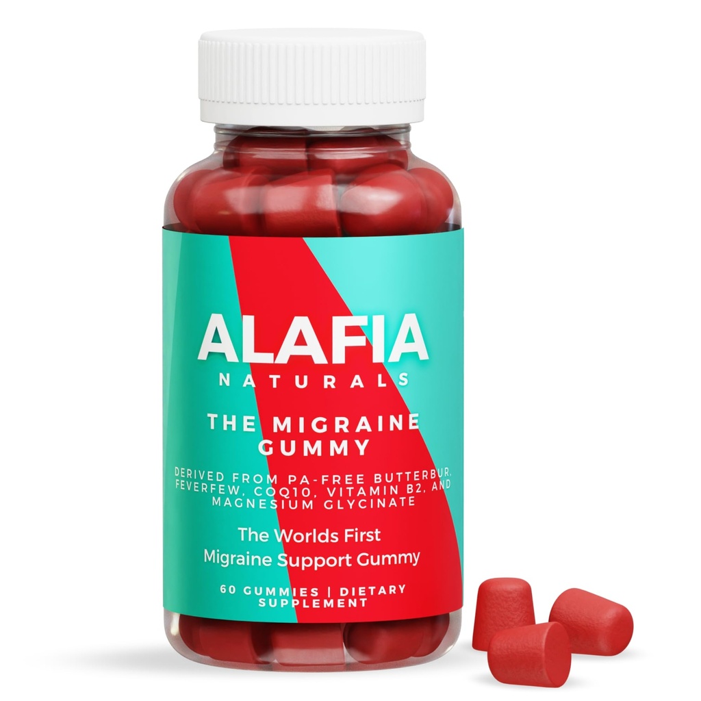Alafia Naturals The Migraine Gummy - World's First Comfort and Support Gummy - Magnesium Glycinate, Butterbur, Feverfew, CoQ10, Vitamin B2 400mg Riboflavin 400mg 60ct