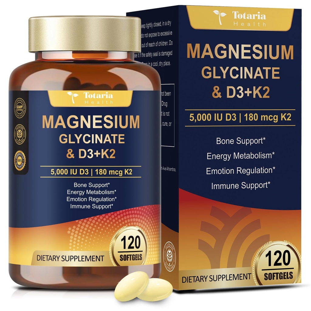 9-in-1 Magnesium Glycinate 500mg + Vitamin D3 5000 IU & K2 Complex - High Absorption - Healthy Stress, Sleep, Muscle Function, Bone Health & Energy Supports | Non-GMO, Gluten-Free 120 Softgels