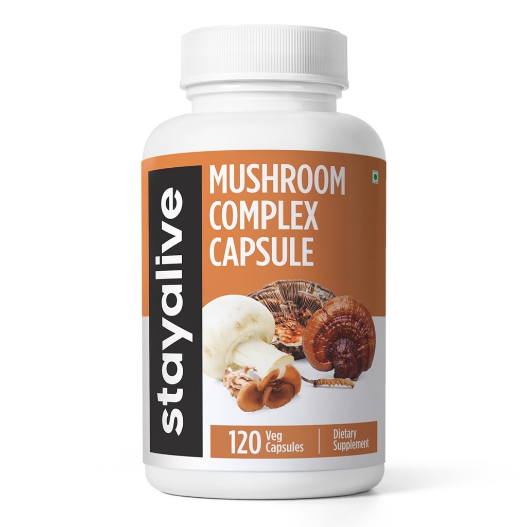 STAY ALIVE Mushroom Complex 1000mg, 6-σε-1 Mushroom Supplement w/Lions Mane, Reishi, Chaga, Cordyceps, Maitake και Turkey Tail Extract Powder, 120 Vegan Pills, Non-GMO & Gluten Free Herbal Caps