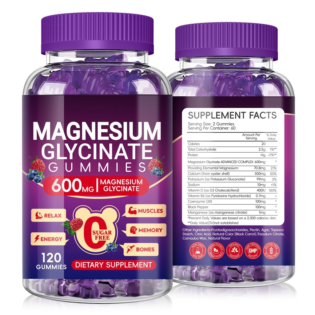 Magnesium Glycinate Gummies 600mg High Absorption, Manganese Glycinate for Women and Men with Vitamin D, B6, and CoQ10 for Adults & Kids, Magnesium for Calm Support & Sleep, 60 Days Supply
