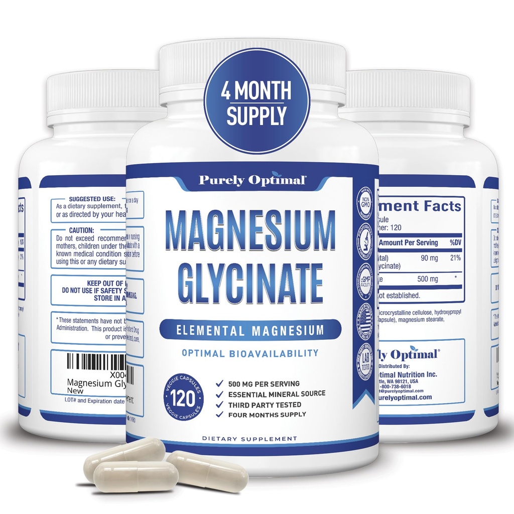 Purely Optimal Magnesium Glycinate 500mg – Sleep Support & Stress Relief – Gentle, High Absorption Magnesium Supplement for Muscle Relaxation, Calm & Nerve Support – 120 Capsules