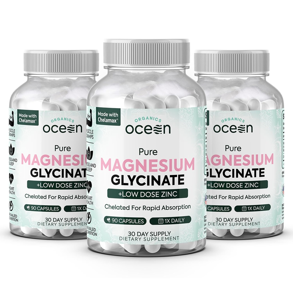 Organics Ocean Pure Magnesium Glycinate with Zinc - Maximum Strength Chelated Magnesium Supplement for Women and Men for Muscle Cramps and Sleep Support - 3 Bottles