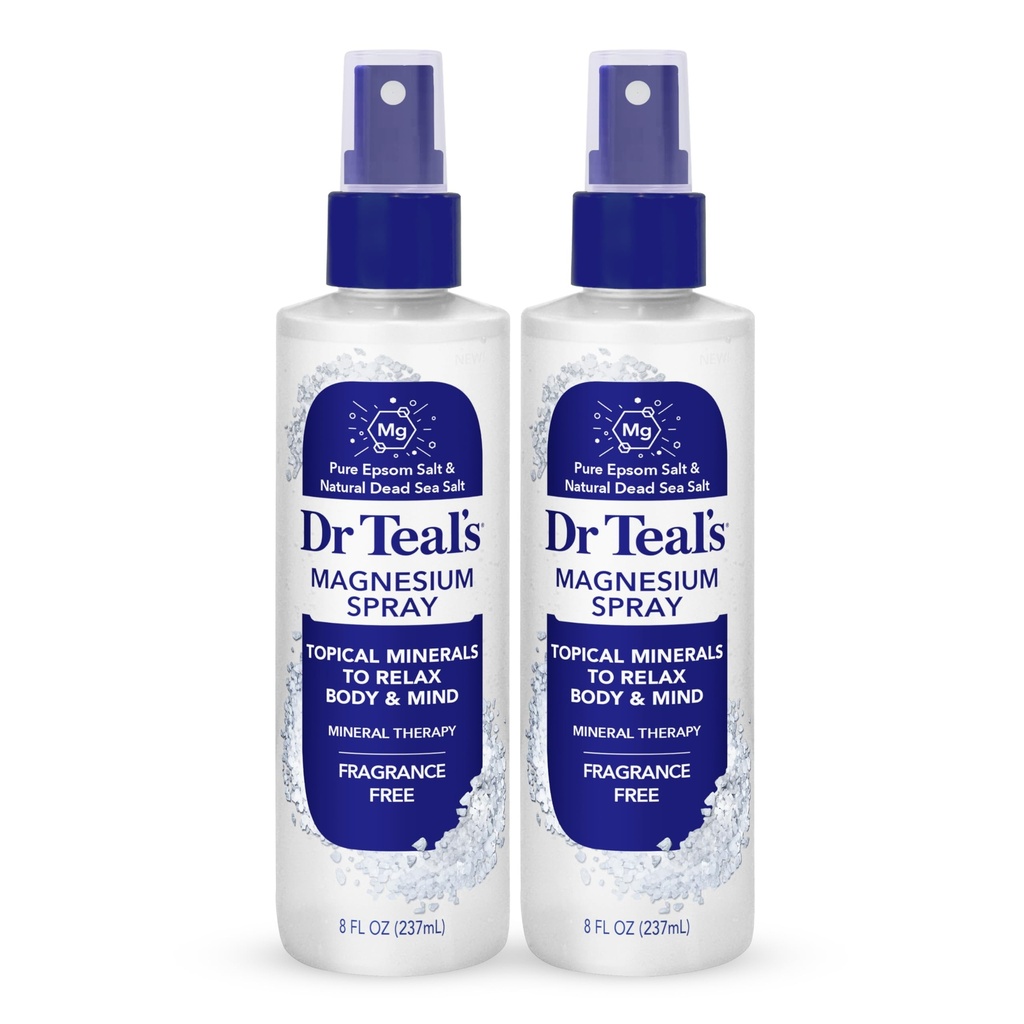 Dr Teal's Topical Magnesium Spray with Natural Dead Sea Salt, Fragrance Free, 8 fl oz (Pack of 2)