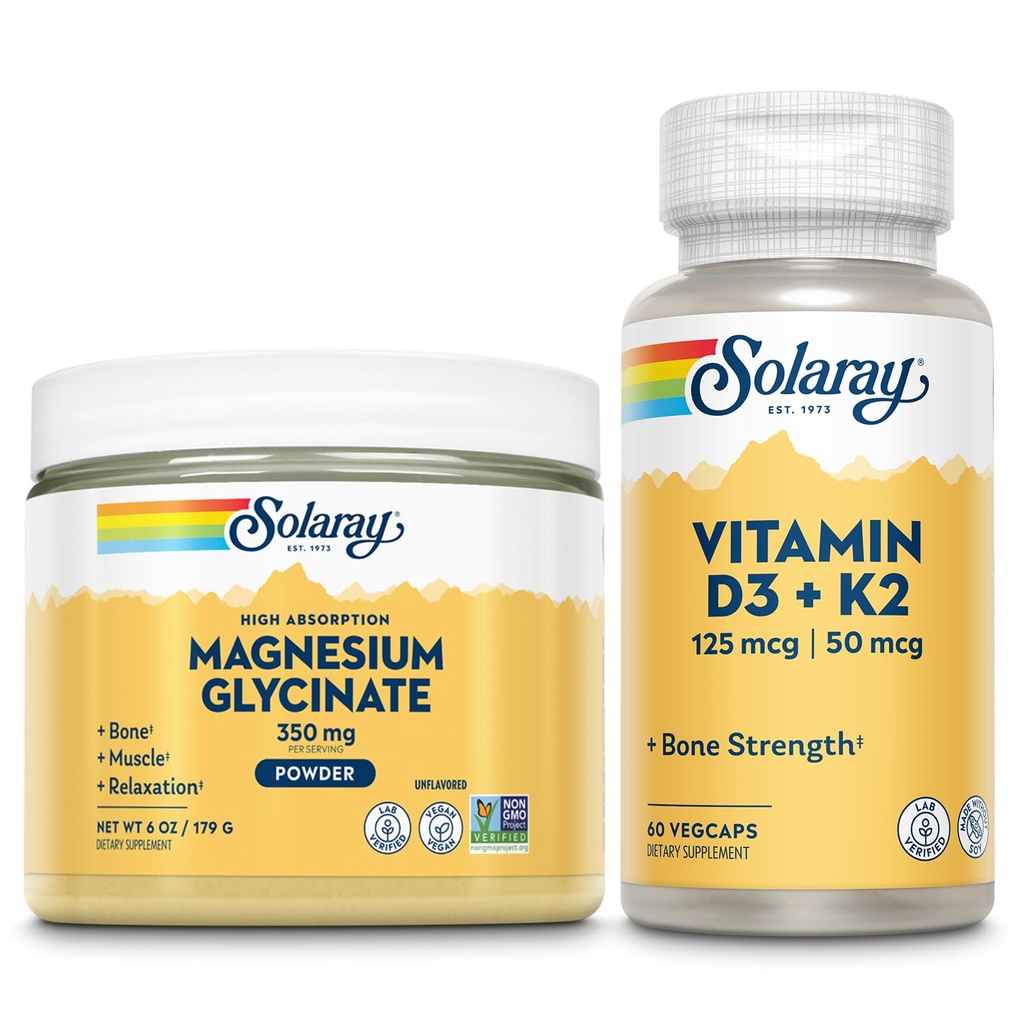 SOLARAY Magnesium Glycinate Powder and Vitamin D3 K2 Bone Health Bundle - Calcium Absorption, Muscle, Heart and Immune Support - 5000 IU Vitamin D, 350mg Chelated Magnesium, 60-Day Guarantee, 6oz/60ct