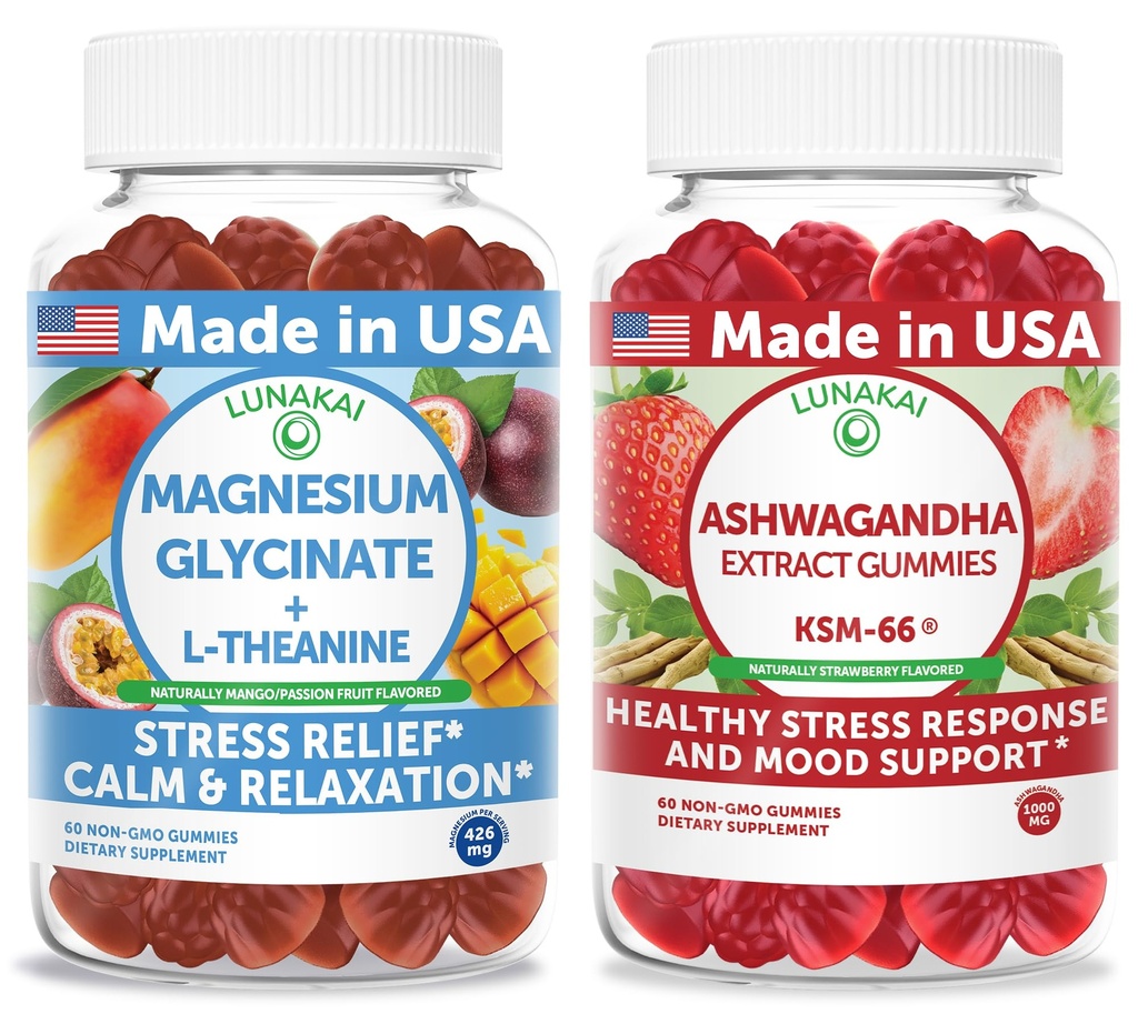 Lunakai USA Made Magnesium Glycinate with L-Theanine + Ashwagandha Extract Gummies Bundle – Naturally Flavored, Non-GMO – 60ct Each