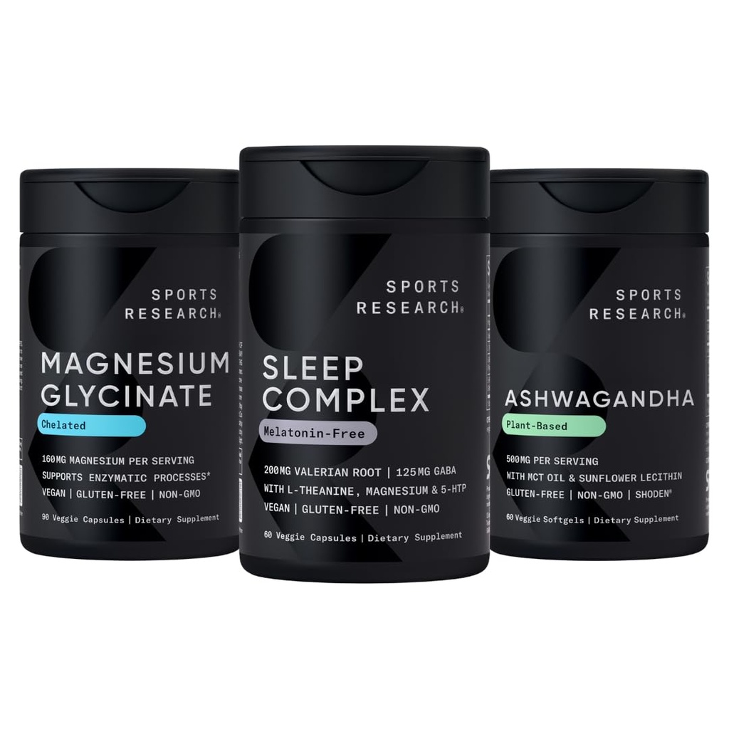 Sports Research De-Stress & Sleep Bundle - 160 mg Chelated Magnesium Glycinate, Melatonin-Free Sleep Complex & Ashwagandha Softgels with Coconut MCT Oil for Relaxation, Calm & Sleep Support