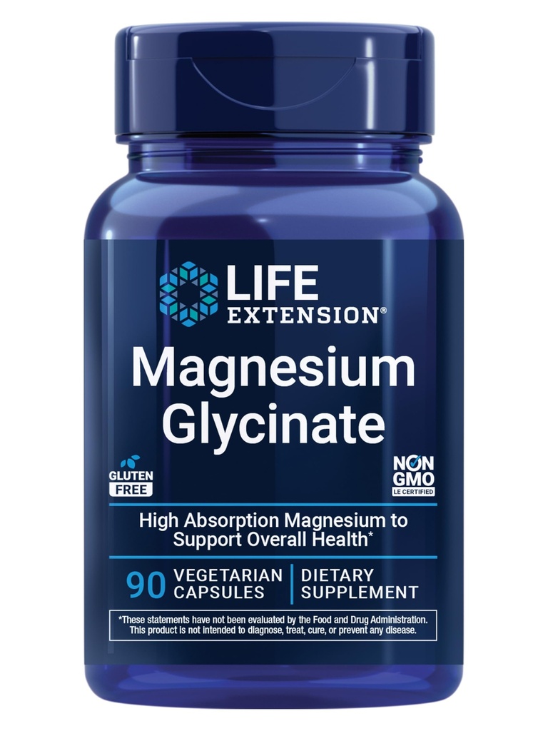 Life Extension Magnesium Glycinate, Heart Health, Bone Health, Nerve and Muscle Support, Highly absorbable, Gluten-Free, Non-GMO, Vegetarian, 90 Capsules