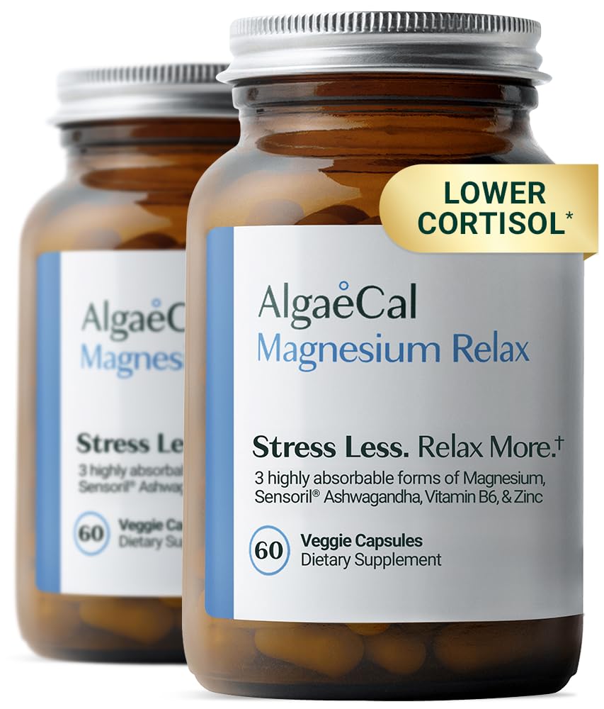 AlgaeCal Magnesium Relax™ – Chelated Magnesium Glycinate 350mg with Sensoril Ashwagandha, Magnesium Supplement for Sleep & Anxiety, Cortisol Reducer for Women & Men, 60 Capsules (2 Packs)