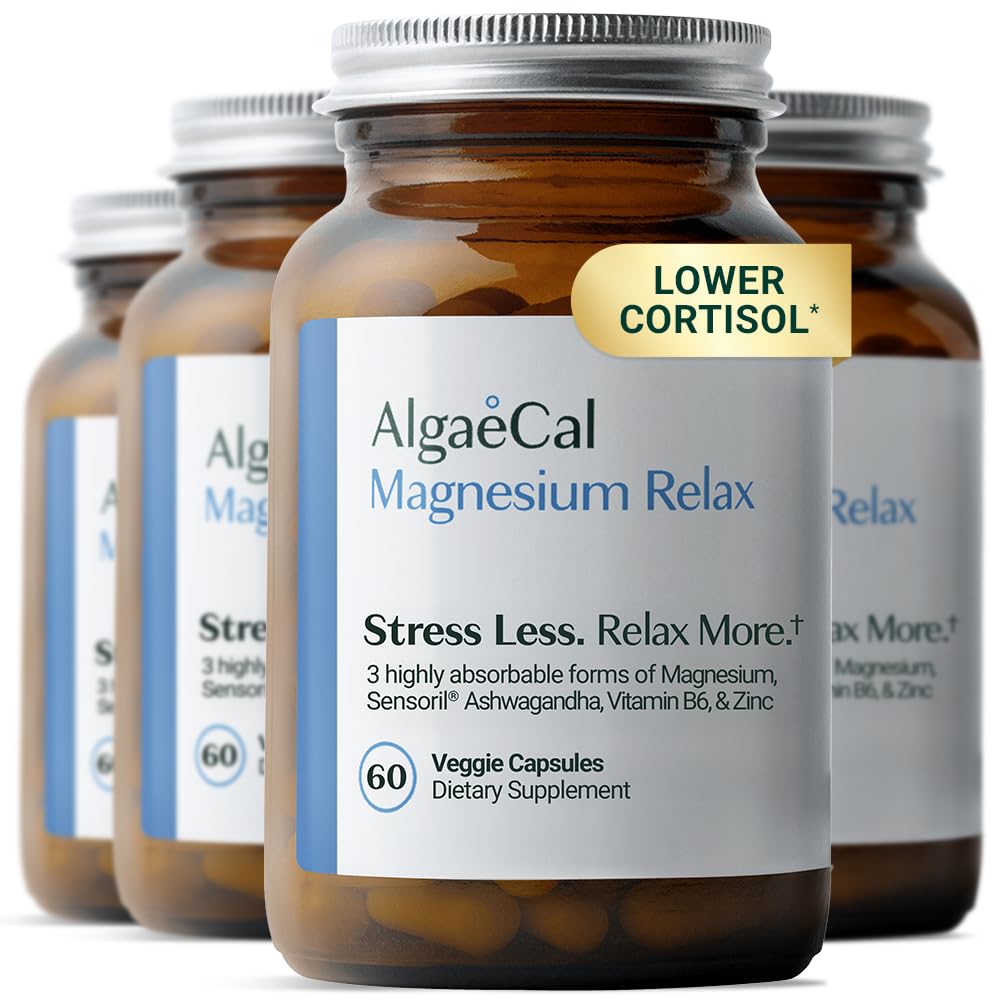 AlgaeCal Magnesium Relax™ – Chelated Magnesium Glycinate 350mg with Sensoril Ashwagandha, Magnesium Supplement for Sleep & Anxiety, Cortisol Reducer for Women & Men, 60 Capsules (4 Packs)