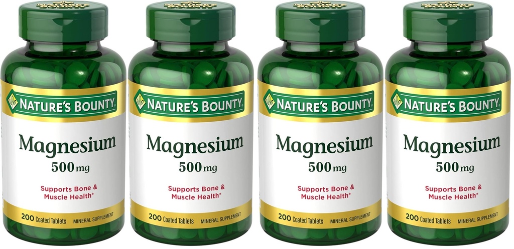 Nature's Bounty Magnesium Supplements 500mg Tablets,Support Bone & Muscle Health,200 Count (Pack of 4)