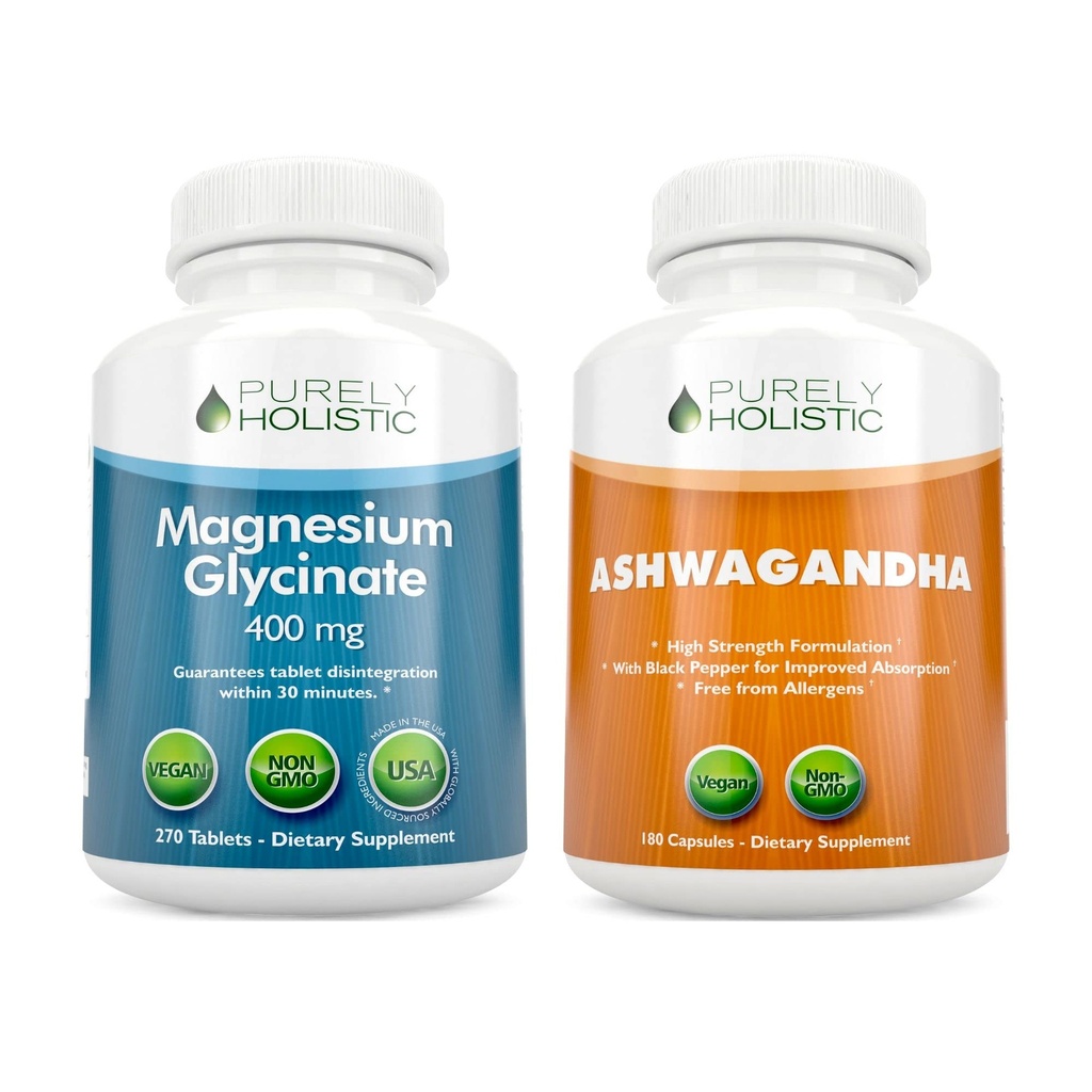 Magnesium Glycinate 400mg + Ashwagandha 1300mg - Vegan Bundle - 270 Tablets & 180 Capsules - Made in USA