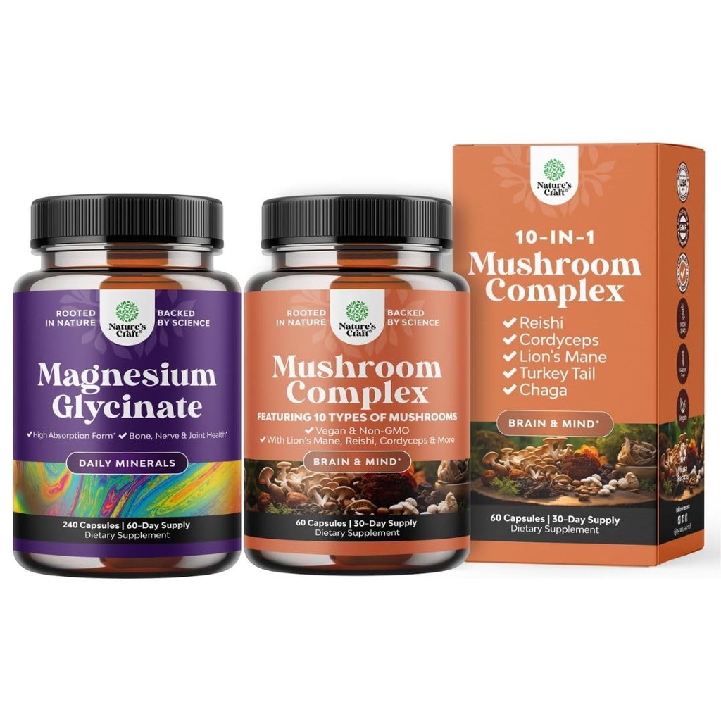 Bundle of High Absorption Magnesium Glycinate Capsules for Calming Sleep Plus Muscle Bone & Nerve Support and Extra Strength Mushroom Complex Capsules - 10X Lions Mane Mushroom Supplement