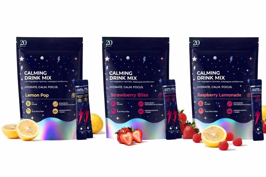 H2O Capsule Calm Magnesium Glycinate Powdered Drink Mix with Electrolytes – Sugar Free, Ashwagandha, L-Theanine, B6 & GABA – 60 Servings (20 Lemon, 20 Strawberry, 20 Raspberry)