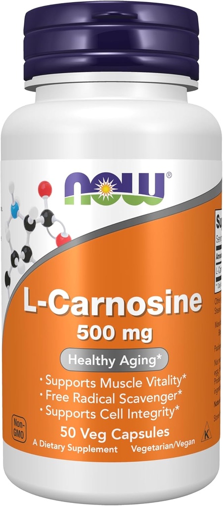 NOW Συμπληρώματα Τροφίμων, L-Καρνοσίνη (Beta-Alanyl-L-Histidine) 500 mg, Υγιής γήρανση, 50 κάψουλες Veg