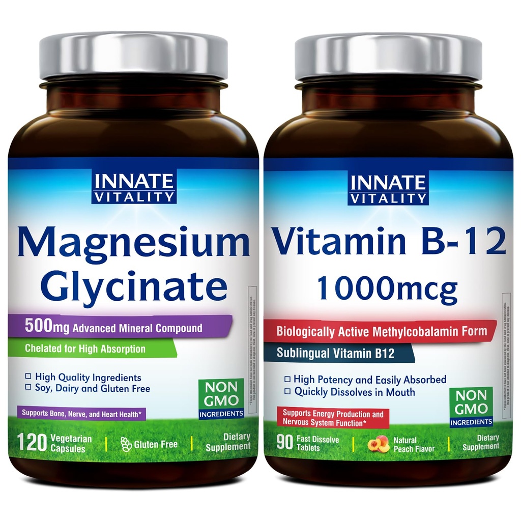 Innate Vitality Magnesium Glycinate & Vitamin B12 Bundle, No Gluten & Vegan, Magnesium (120 Caps) & Vitamin B12 1000mcg (90 Fast Dissolve Tabs), Value Pack, Bundle & Save