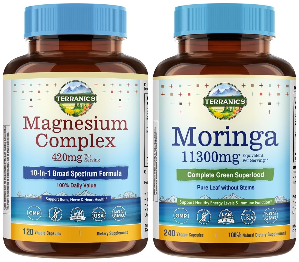 Terranics Magnesium Complex & Moringa Capsules Bundle - 420mg 10-in-1 Full Spectrum Magnesium with Glycinate & Citrate + 11300mg Pure Moringa Oleifera Leaf Powder - High Absorption Formula, 120 Caps &