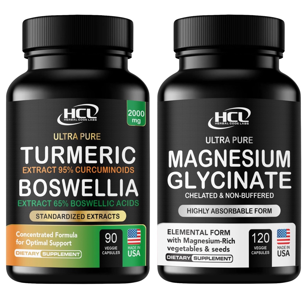Turmeric Boswellia Extract Supplement 2000 mg + Pure Magnesium Glycinate Capsules - Non-Buffered 350mg Elemental Magnesium Supplement