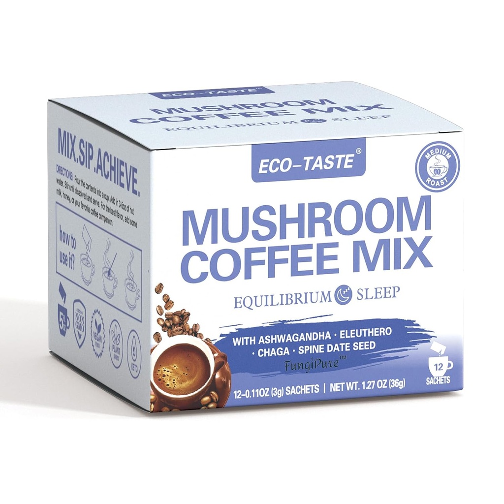ECO-TASTE Mushroom Coffee Mix, Ashwagandha, Eleuthero, Chaga, Spine date tohum - 12 Sachets