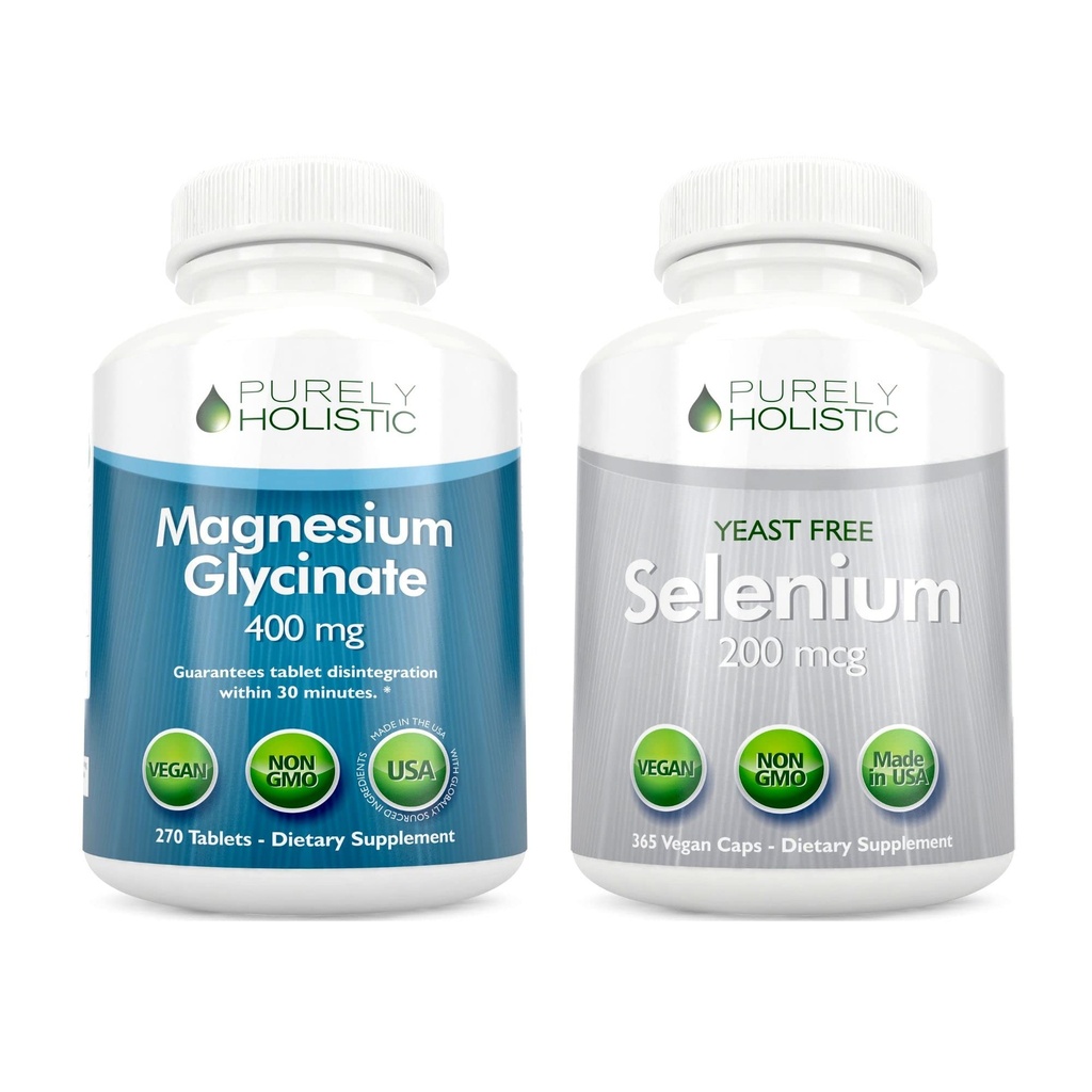 Magnesium Glycinate 400mg + Selenium 200mcg - Vegan Bundle - 270 Tablets & 365 Capsules - Made in USA