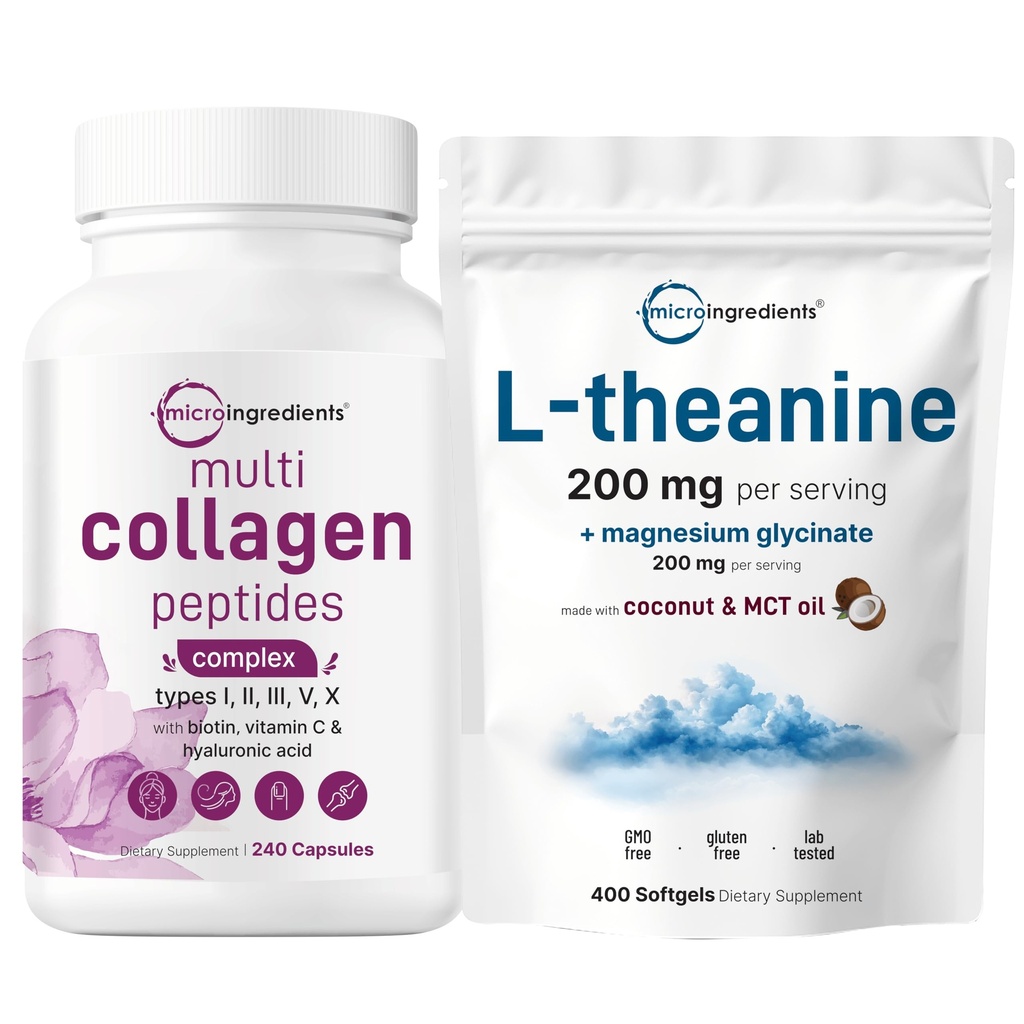 Micro Ingredients 8-in-1 Multi Collagen Capsules & L-Theanine 200mg with Magnesium Glycinate Softgels | Grass-Fed Collagen Peptides | Amino Acid & Mineral Complex Bundle 2 Pack