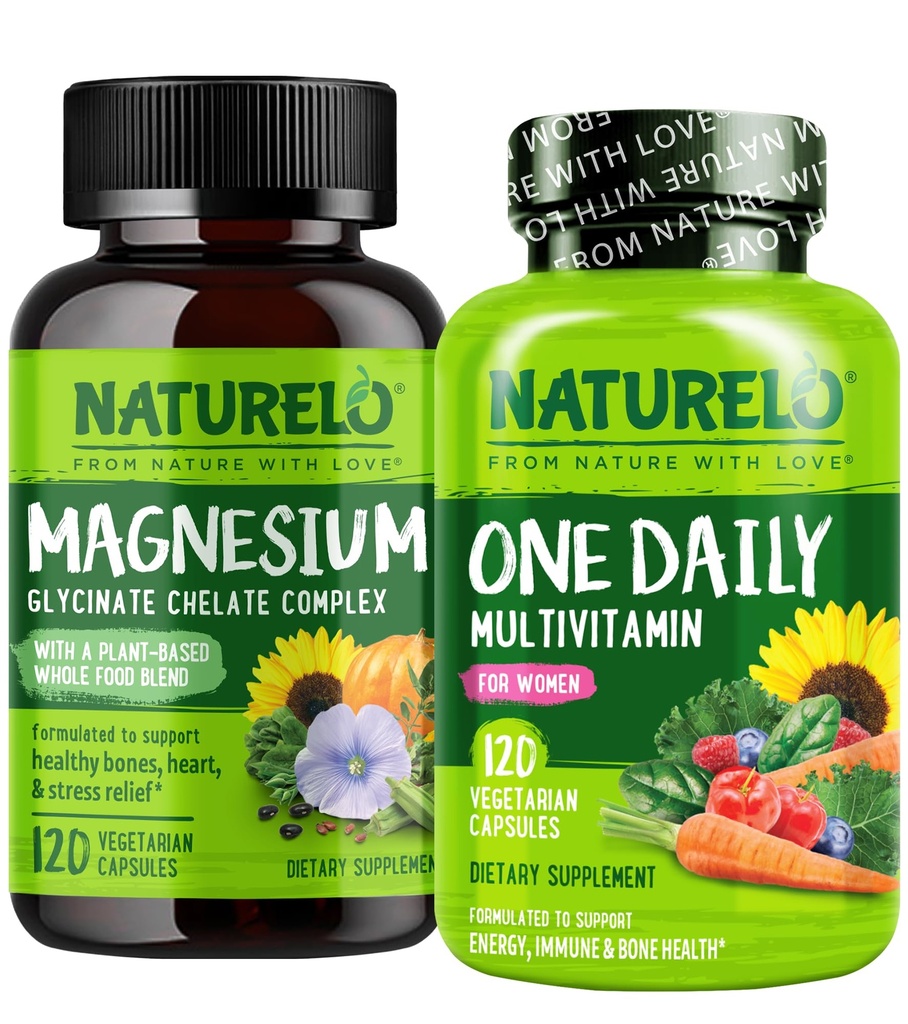NATURELO One Daily Multivitamin for Women - 120 Capsules and Magnesium Glycinate Chelate Complex - 120 Capsules Bundle