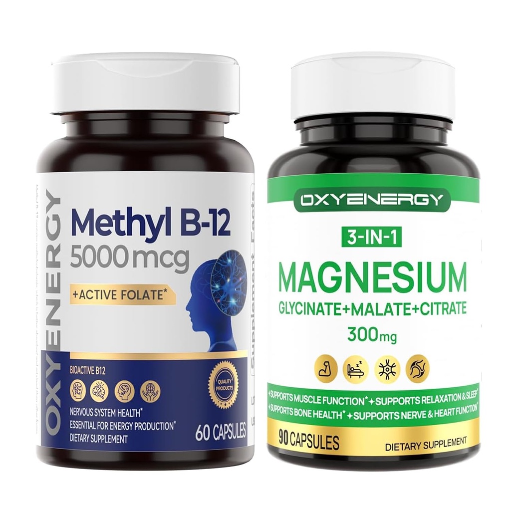 OxyEnergy Methyl Vitamin B12 5000mcg, Extra Strength Methylcobalamin B-12 Supplements with Folate & Triple Magnesium Complex Supplement, 3 in 1 Chelated Magnesium Capsules 300mg with Glycinate Malate