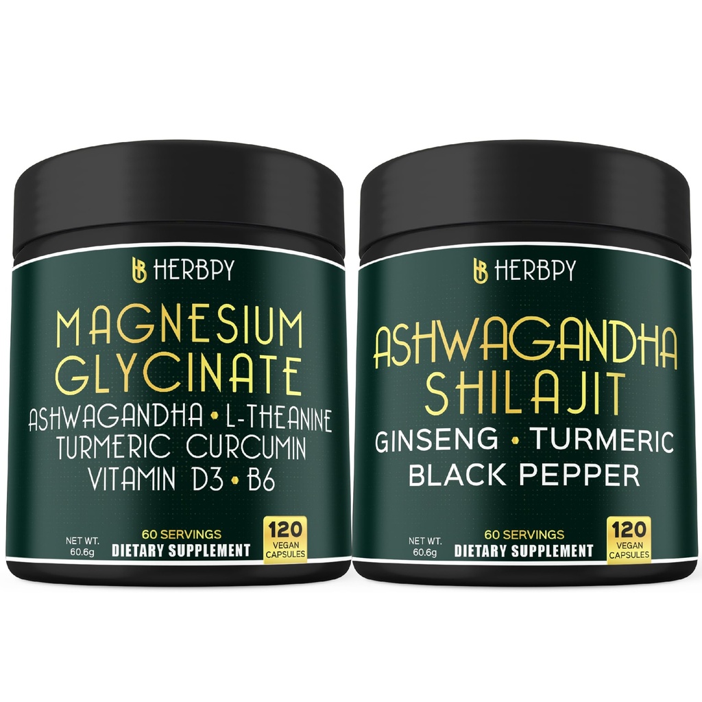 HERBPY Bundle 6in1 Magnesium Glycinate Supplements & 5in1 Ashwagandha Shilajit Supplements