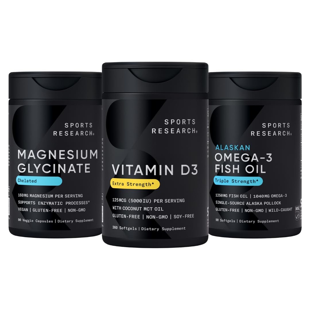 Sports Research® Multivitamin Pack - High Potency Vitamin D3 5000 IU (360 Liquid Softgels), Magnesium Glycinate 160mg (90 Capsules), and Alaskan Omega-3 Fish Oil 1250mg (90 Softgels)