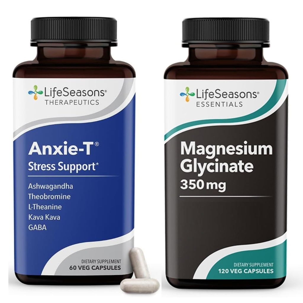LifeSeasons Magnesium Glycinate 350mg + Anxie-T Stress Relief Supplement – Supports Stress Relief, Sleep, Mood, Heart Health, Muscles & Metabolism – Magnesium Glycinate, 60 Capsules & 120 Capsules