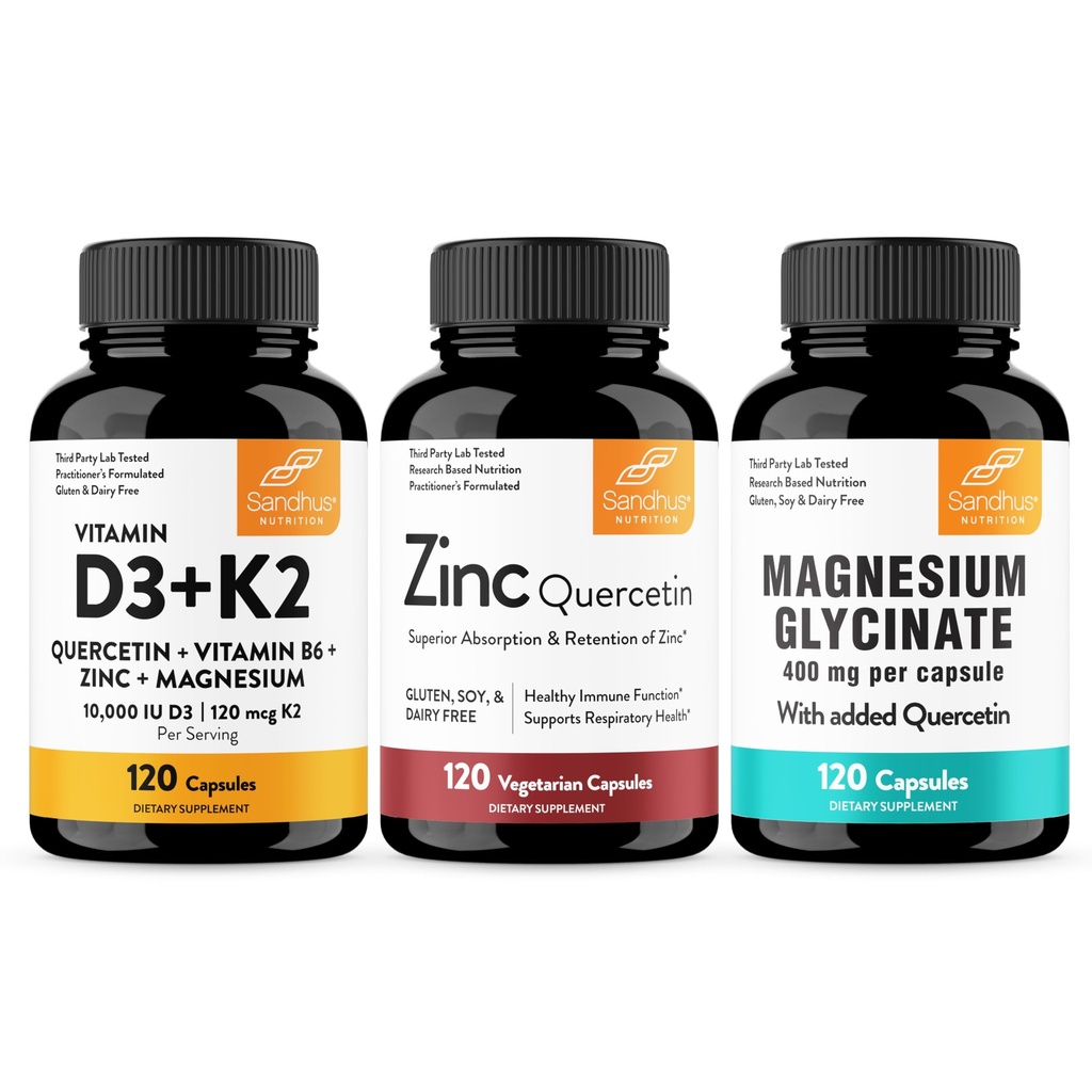 Sandhu's Vitamin D3 K2 10000 IU Bundle with Zinc Quercetin & Magnesium Glycinate Capsules (120 Count Each) | for Men & Women