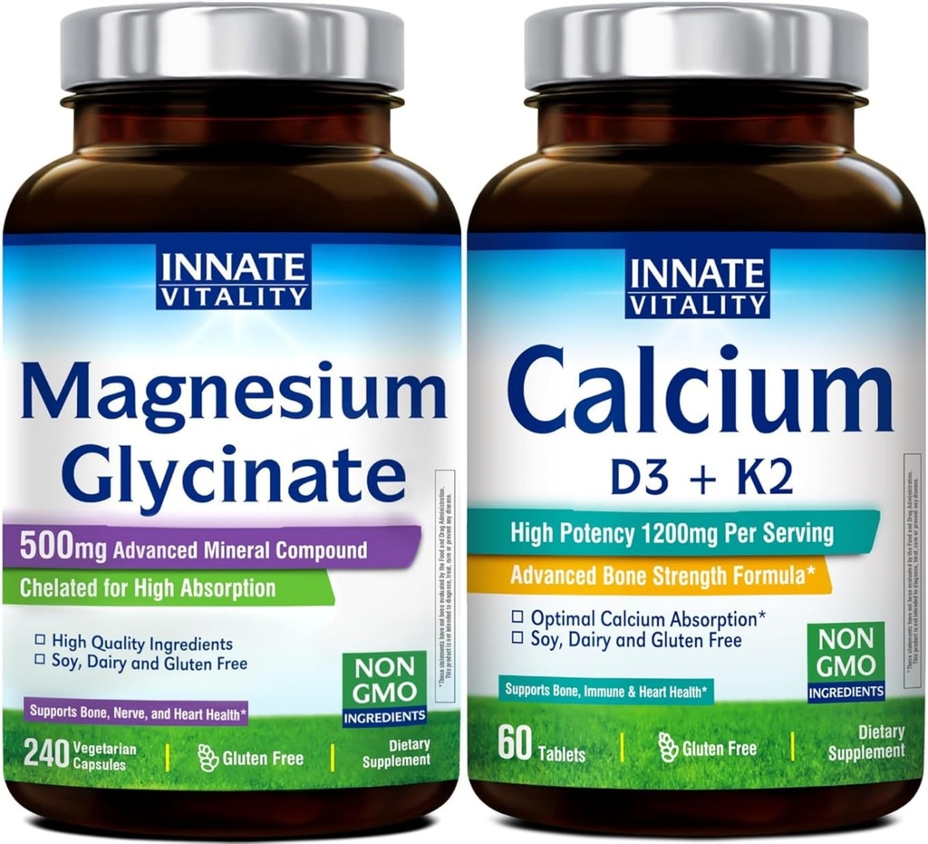 Innate Vitality Calcium 1200mg with D3 & K2 + Magnesium Glycinate 500mg Bundle | High Absorption Mineral Complex for Bone Density, Circulatory Wellness & Nerve Function | Non-GMO, Vegan Friendly