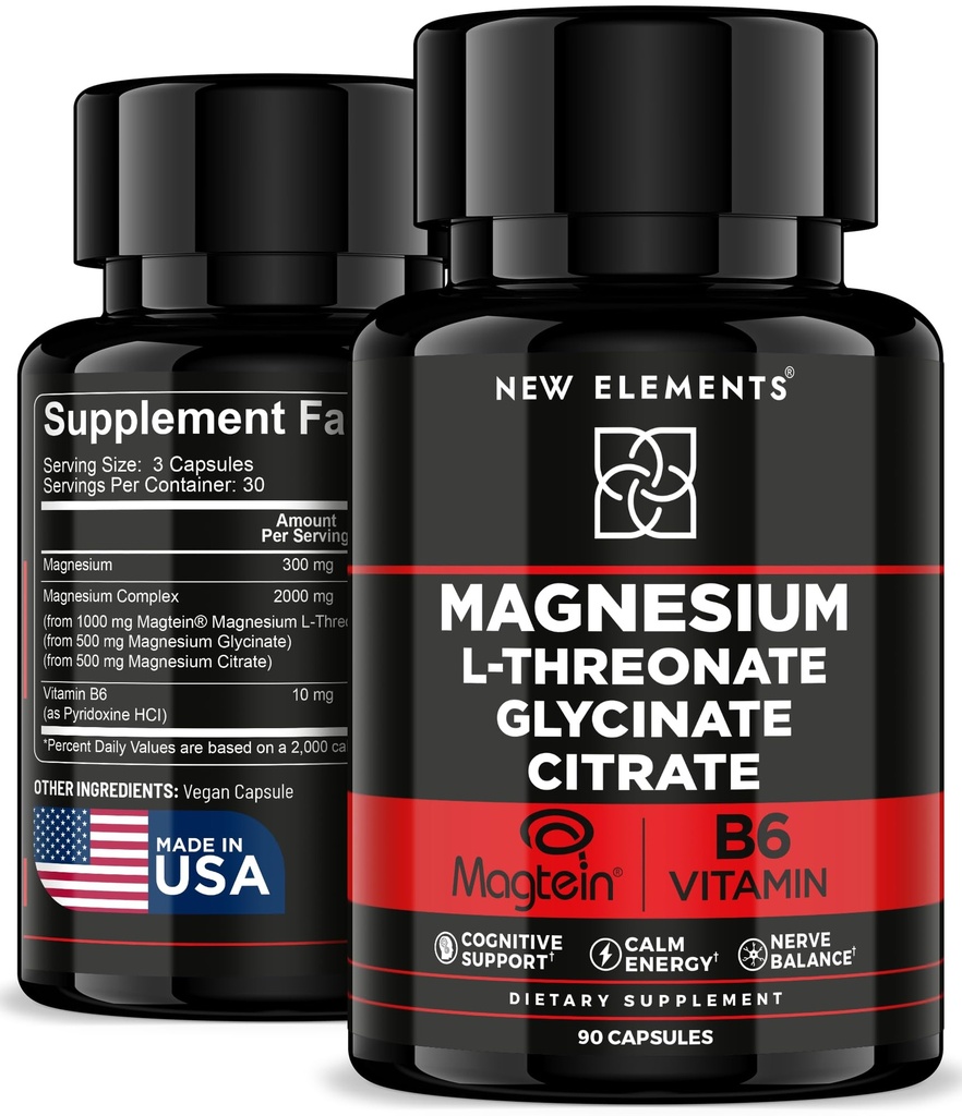 Magtein Magnesium L-Threonate – 2000mg Mag Complex with L Threonate, Glycinate, Citrate & Vitamin B6 – Brain Health, Memory, Focus & Mental Clarity | 300mg Elemental Magnesium | 90 Capsules