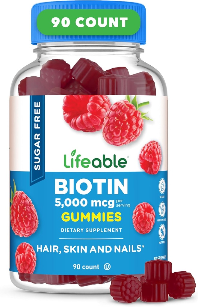 Lifeable Sugar Free Biotin Gummies | 500006 Vitamin B7 | Great Tasting Biotin Supplement | for Hair growth, Skin and Nail Health | Hair Supplement for Women, Men, Yetişkinler | 90 Gummies | 5000