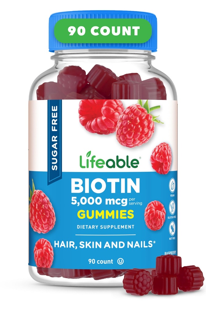 Lifeable Sugar Free Biotin Gummies | 500006 Vitamin B7 | Great Tasting Biotin Supplement | for Hair growth, Skin and Nail Health | Hair Supplement for Women, Men, Yetişkinler | 90 Gummies | 5000