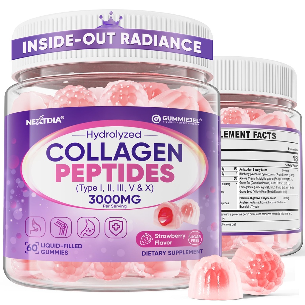 Collagen Gummies for Women & Men 3000mg, Hydrolyzed Collagen Peptides with Antioxidant Blend & Digestive Enzymes, Multi Collagen (Type I,II,III,V,X) for Anti-Aging, Hair, Skin, Nails, Sugar Free,60Cts
