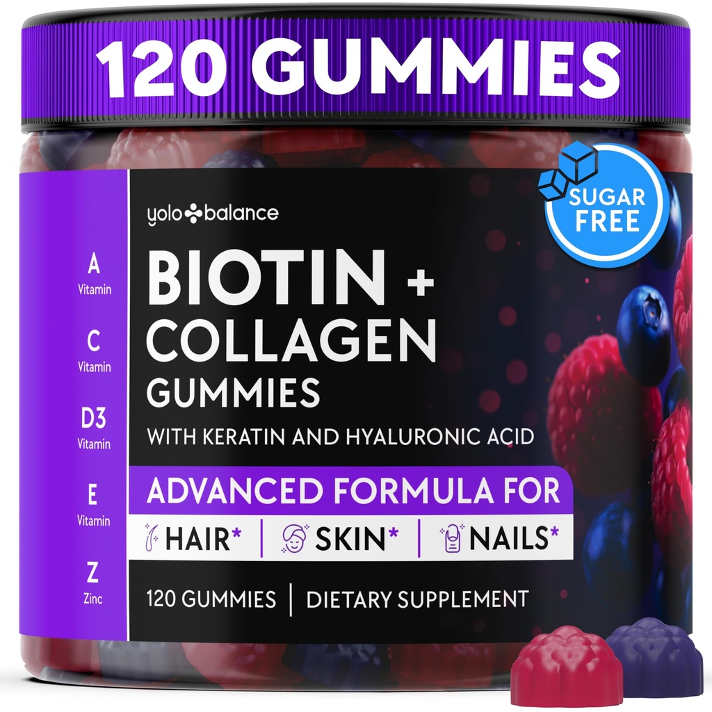 Biotin Gummies 10000mcg for Hair Growth Support - Sugar Free Multi Collagen with Keratin, Silica & Hyaluronic Acid - Pectin Based, Soft Chew Hair Skin and Nails Vitamins - 120 Count