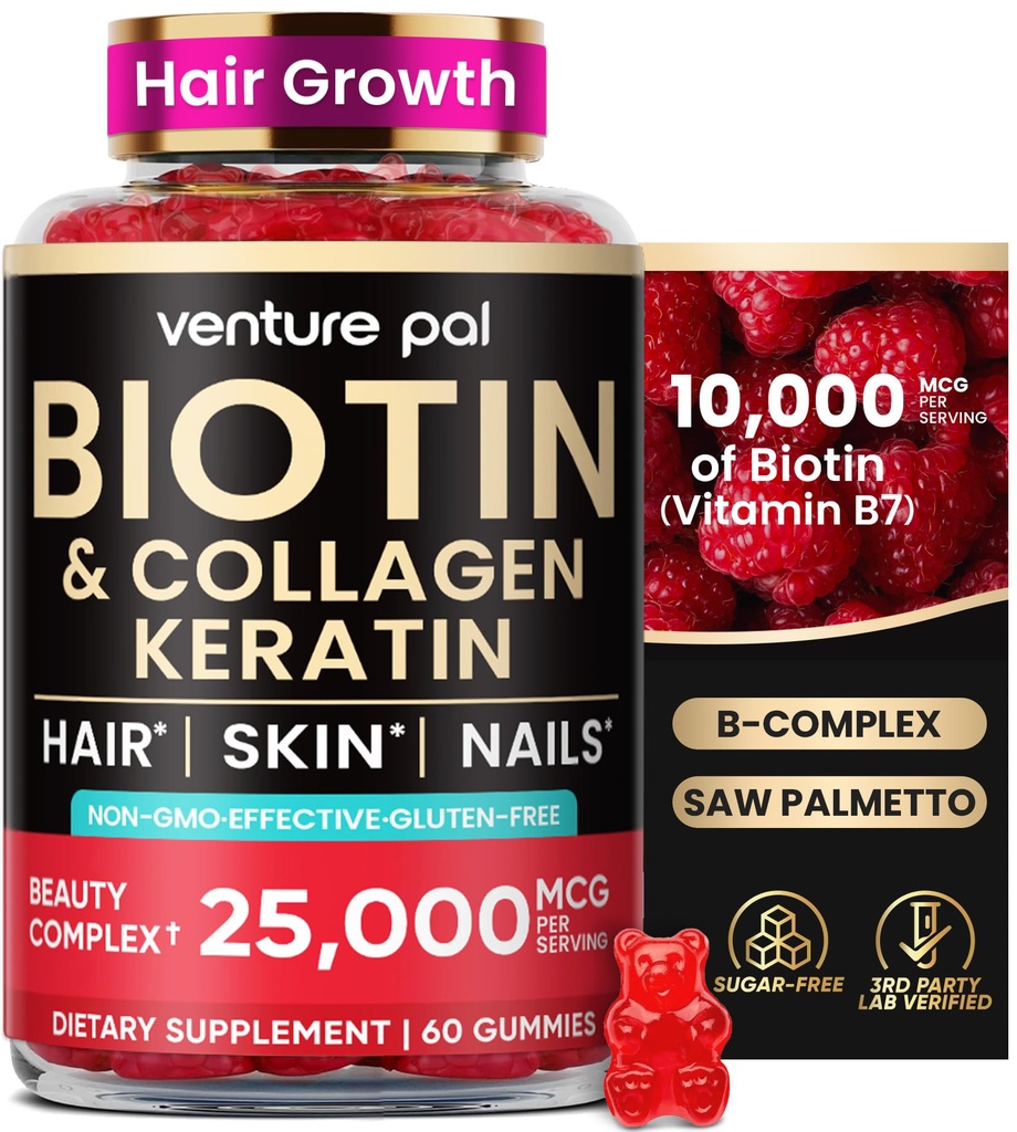 Venture Pal Biotin Gummies with Collagen & Keratin - Hair Growth Support Skin and Nail Strength Vitamins for Women & Men - Biotin 10000mcg | B-Complex | Saw Palmetto - Sugar Free, Non-GMO, 60ct