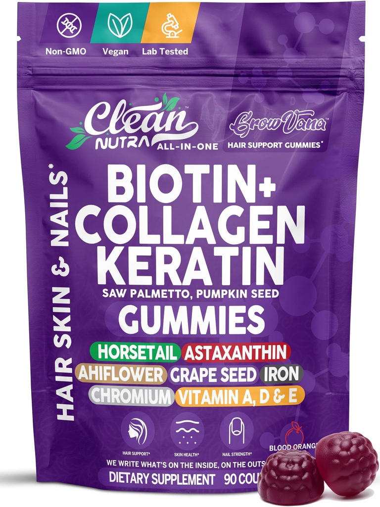 GrowVana Hair Growth Gummies for Women Biotin Collagen Keratin Saw Palmetto Horsetail Astaxanthin Iron Zinc Pantothenic Acid Vitamin A D E Pumpkin Seed Ahiflower MSM Supplement by Clean Nutra 90 Count